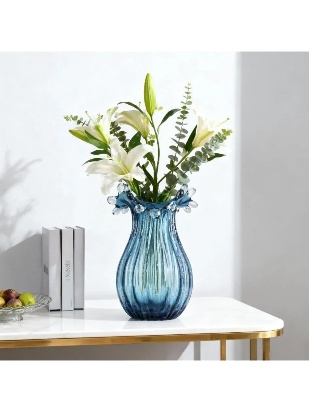 Unique Hand Blown Blue Glass Vase | Modern Art Decor for Living Room & Office